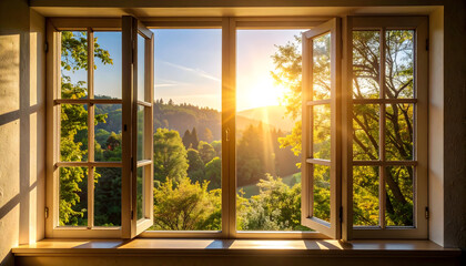 Open Window Sunrise View: Golden Hour Light Illuminates Lush Green Hills