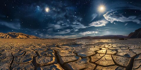 A landscape of cracked, parched dirt with a full moon and a starry night sky, surrounded by sporadic clouds and far-off mountains, Generative AI.
