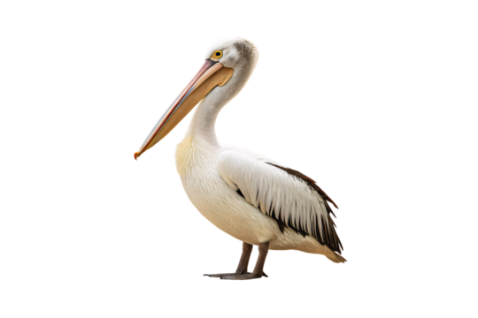 White pelican with yellow eyes and large orange pouch beak positioned at three-quarter angle, isolated on a transparent background