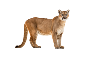 Tan mountain lion standing in profile showing muscular build and alert expression, isolated on a transparent background