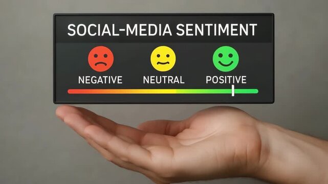 A three‑color sentiment bar labels negative, neutral, and positive faces above an open hand. Concept of real‑time emotion tracking on social media.