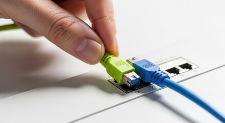 Supply Chain Diversification - Close-up of a hand adding a colored connector cable to an existing one on a minimalist white background, symbolizing alternative supply chain routes.