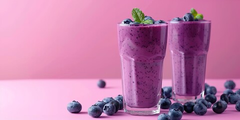 A pink background with two glasses of blueberry smoothie. using a blender to pour into a glass, Generative AI.