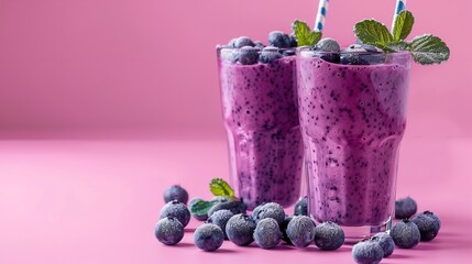 A pink background with two glasses of blueberry smoothie. using a blender to pour into a glass, Generative AI.
