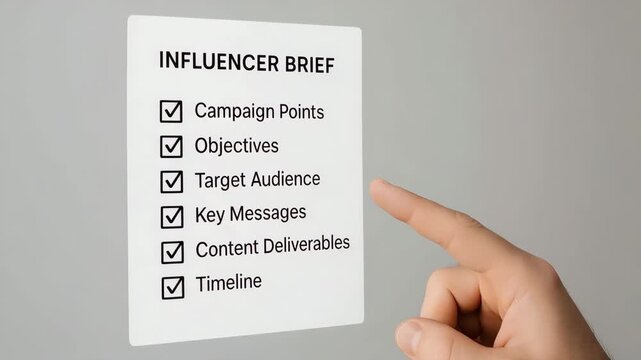 A fingertip taps a transparent influencer brief filled with checked objectives and deliverables. Concept of structured campaign planning and creator alignment.