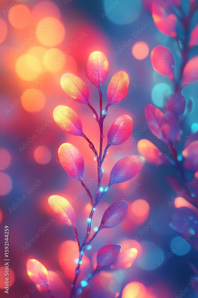 Poster vibrant leaves with colorful bokeh background in soft focus, ideal for nature and abstract themes