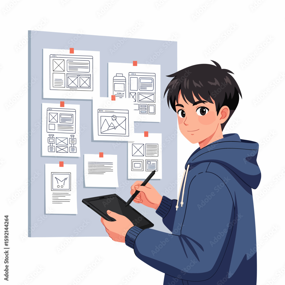 Poster young man creating website user interface design on a digital tablet in front of a concept board