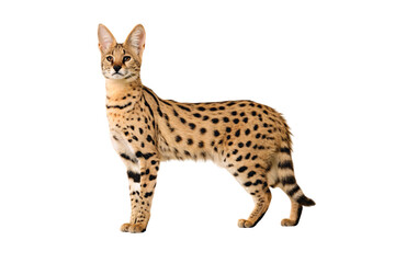 Fototapeta premium Serval cat with golden spotted coat and large ears standing gracefully in side profile, isolated on a transparent background