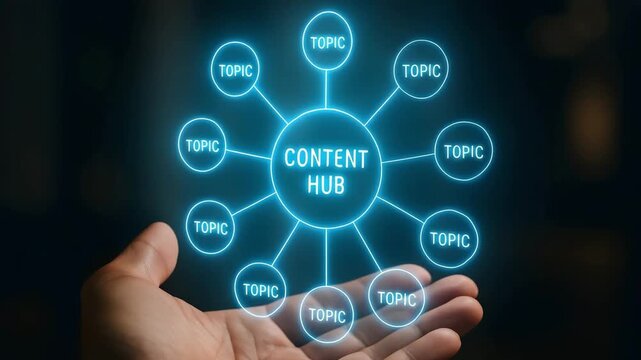 A blue neon content hub radiates topic nodes above an open palm. Concept of centralized marketing architecture.