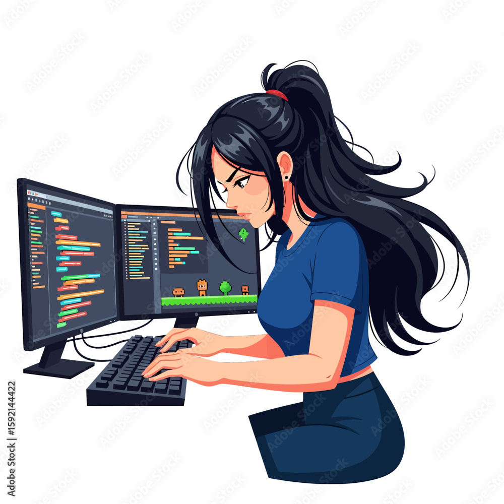 Poster focused woman programmer coding on dual monitors at desk