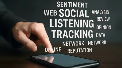 Floating words like social, listening, and sentiment appear beside a tapping finger over a smartphone. Concept of real‑time reputation analysis.