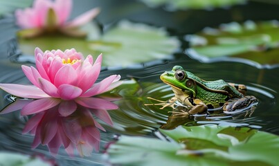 A tranquil pond image features a green frog perched on a lily pad amid water ripples and pink lotus blossoms, Generative AI.