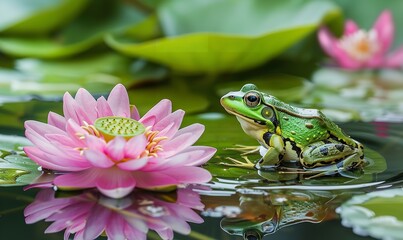 A tranquil pond image features a green frog perched on a lily pad amid water ripples and pink lotus blossoms, Generative AI.