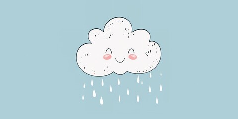 Adorable hand-drawn cloud with rosy cheeks and raindrops on a pale blue background that is smiling, Generative AI.