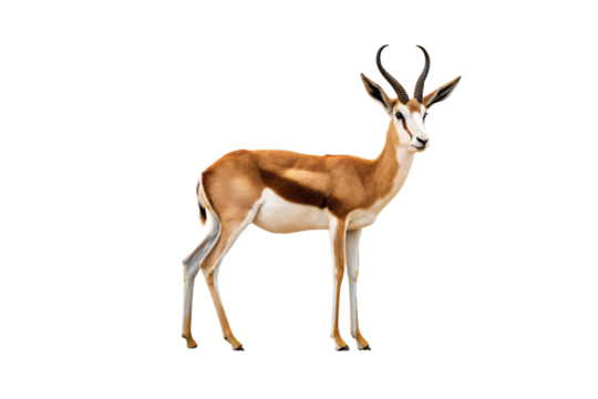 Springbok antelope standing gracefully with distinctive curved horns and tan white coat in profile, isolated on a transparent background