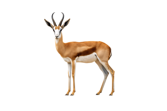 Springbok gazelle in side stance displaying characteristic markings and slender build with black horns, isolated on a transparent background