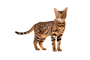 Bengal cat, spotted domestic feline with distinctive markings sitting in alert position, isolated on a transparent background