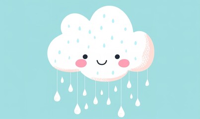 Adorable hand-drawn cloud with rosy cheeks and raindrops on a pale blue background that is smiling, Generative AI.