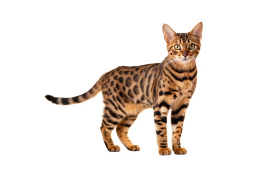 Bengal cat, spotted domestic feline with distinctive markings sitting in alert position, isolated on a transparent background