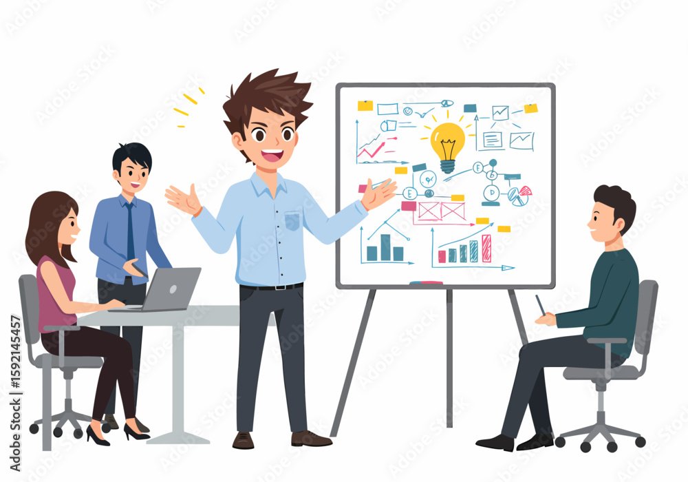 Aufkleber business team collaborating during a presentation with charts and graphs on a whiteboard