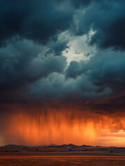 Rain falling on dry fields during a dramatic sunset with storm clouds