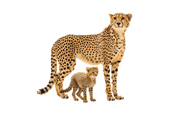 Fototapeta premium Cheetah with cub, adult spotted wild cat standing protectively over small offspring, isolated on a transparent background