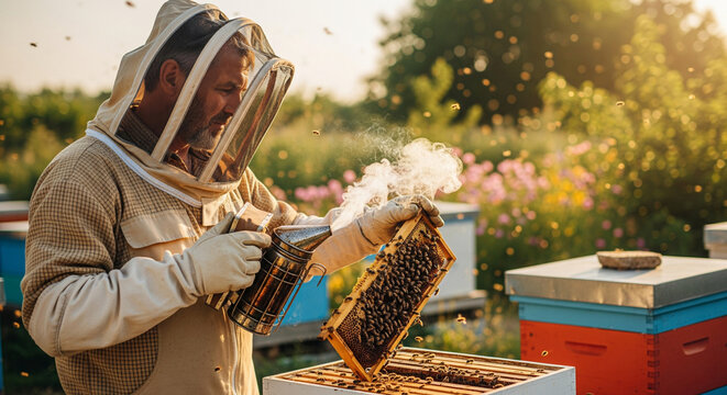 Beekeeper inspects frame with honeycombs in apiary, holding chimney in hands. Beekeeping, honey production