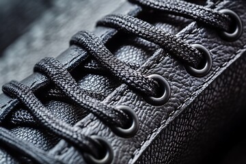 Close up of black leather boot laces and eyelets