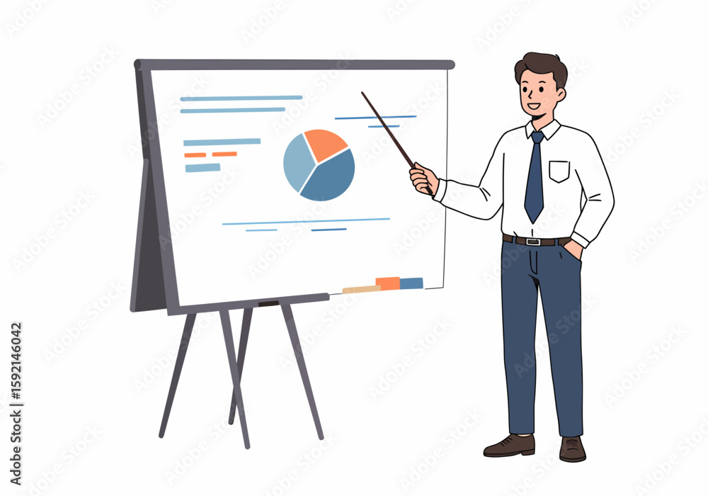 Poster businessman presenting data on a flip chart with pie chart and bar graphs during a business meeting