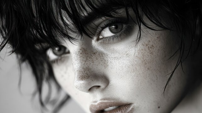 Close-up portrait of a young woman with freckles