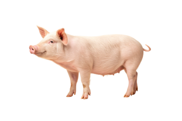 Side profile view of domestic pig with curly tail and pointed ears, isolated on a transparent background