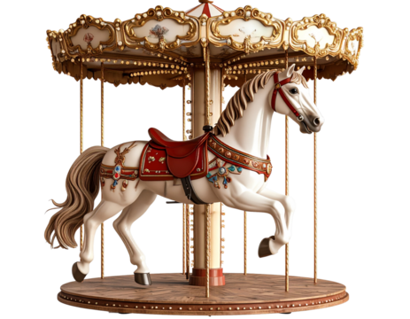 Vintage Carousel Horse with Red Saddle, Front Angle Perspective, PNG Cutout