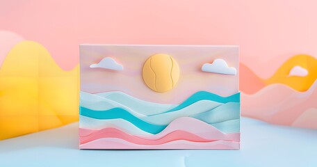 An abstract sun and wave pattern in pastel colors on a folded box, Generative AI.