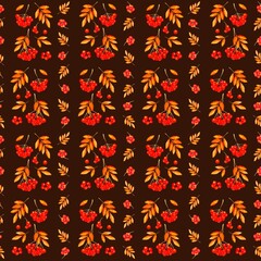 Seamless watercolor pattern with bright rowan berry clusters and leaves, hand drawn dark brown mocha background . Perfect for autumn design, textiles and packaging
