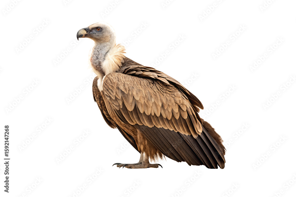 Poster brown vulture standing with wings folded showing intricate feather patterns and characteristic bald 