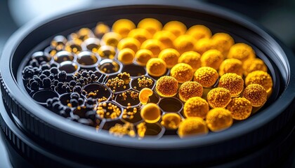 Close-up of a honeycomb-like structure.  Yellow and black spheres