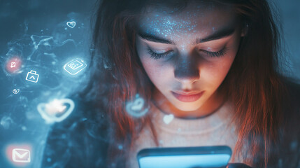 A teenager scrolling on their phone, merged with cyberbullying messages and mental health icons.