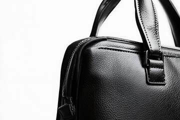 Naklejka premium Leather Business Bag: Close-up of a sophisticated black leather bag, showcasing texture, handle, and zipper. Professional style with refined craftsmanship.