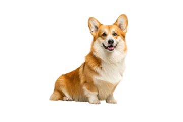 Red and white corgi dog sitting upright with alert ears and friendly facial expression, isolated on a transparent background