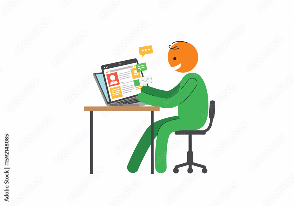Aufkleber man working on computer screen with online profile and notifications