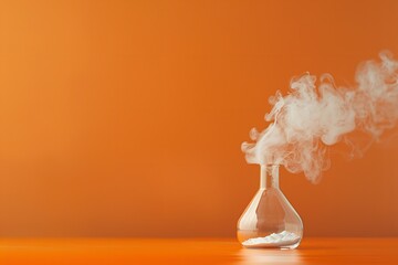 An orange background contrasts with white smoke coming from a glass flask in this simple scientific idea illustration, Generative AI.