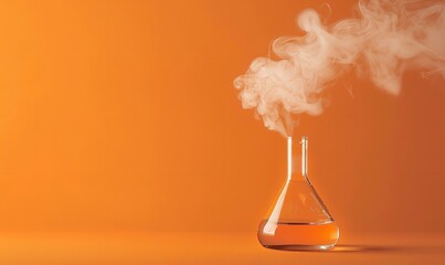 An orange background contrasts with white smoke coming from a glass flask in this simple scientific idea illustration, Generative AI.