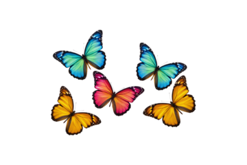 Five colorful butterflies with vibrant blue, yellow, orange, and pink wings floating gracefully, isolated on a transparent background