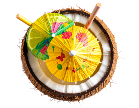 Top-Down View of Coconut Drink with Mini Umbrella and Lime Slice, Isolated on Transparent Background - Powered by Adobe