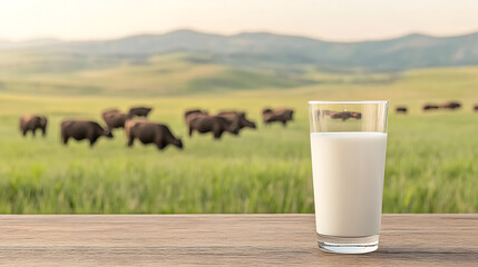 Fresh milk in a glass, with a backdrop of grazing cows on a green pasture. A rural scene suggesting natural dairy farming and freshness.