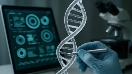 A translucent dna model is examined by a stylus in front of analytical charts on a computer. Concept of bioinformatics data visualization. - Powered by Adobe