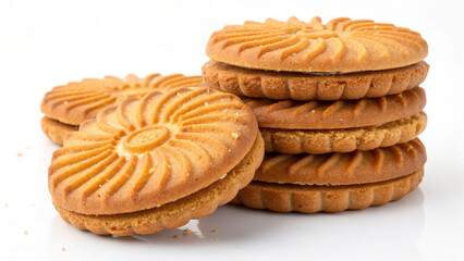 Close-Up of Golden Patterned Butter Cookies &ndash; Crispy Baked Biscuits on White Background