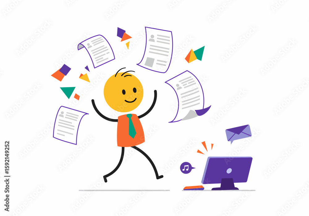 Poster organized person successfully managing multiple tasks and documents with a computer and emails