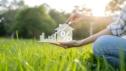 Hand Holding House Icon with Growth Chart and Percent Symbol in Nature