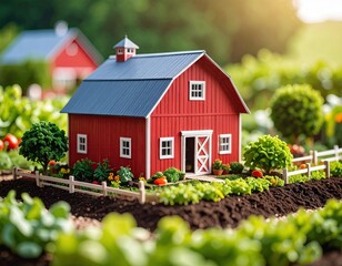 Miniature red barn in a vibrant garden setting